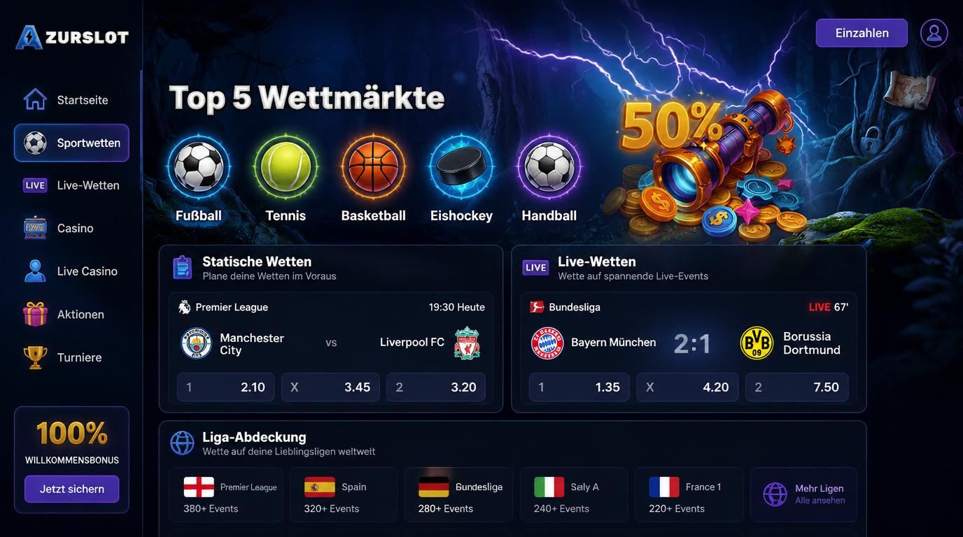 Die fünf beliebtesten Sportarten und Wettmärkte bei Azurslot für Spieler in Deutschland.