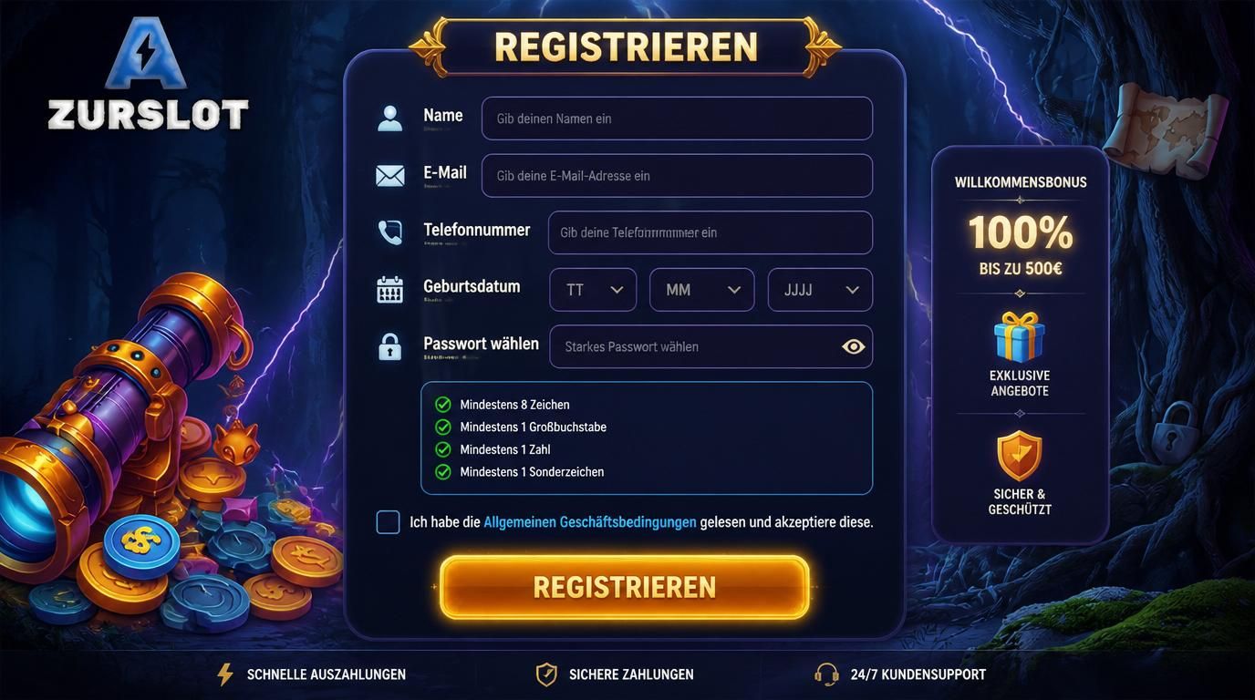 Screenshot des Registrierungsformulars auf Azurslot mit klaren deutschen Beschriftungen und hervorgehobenem Button „Registrieren“