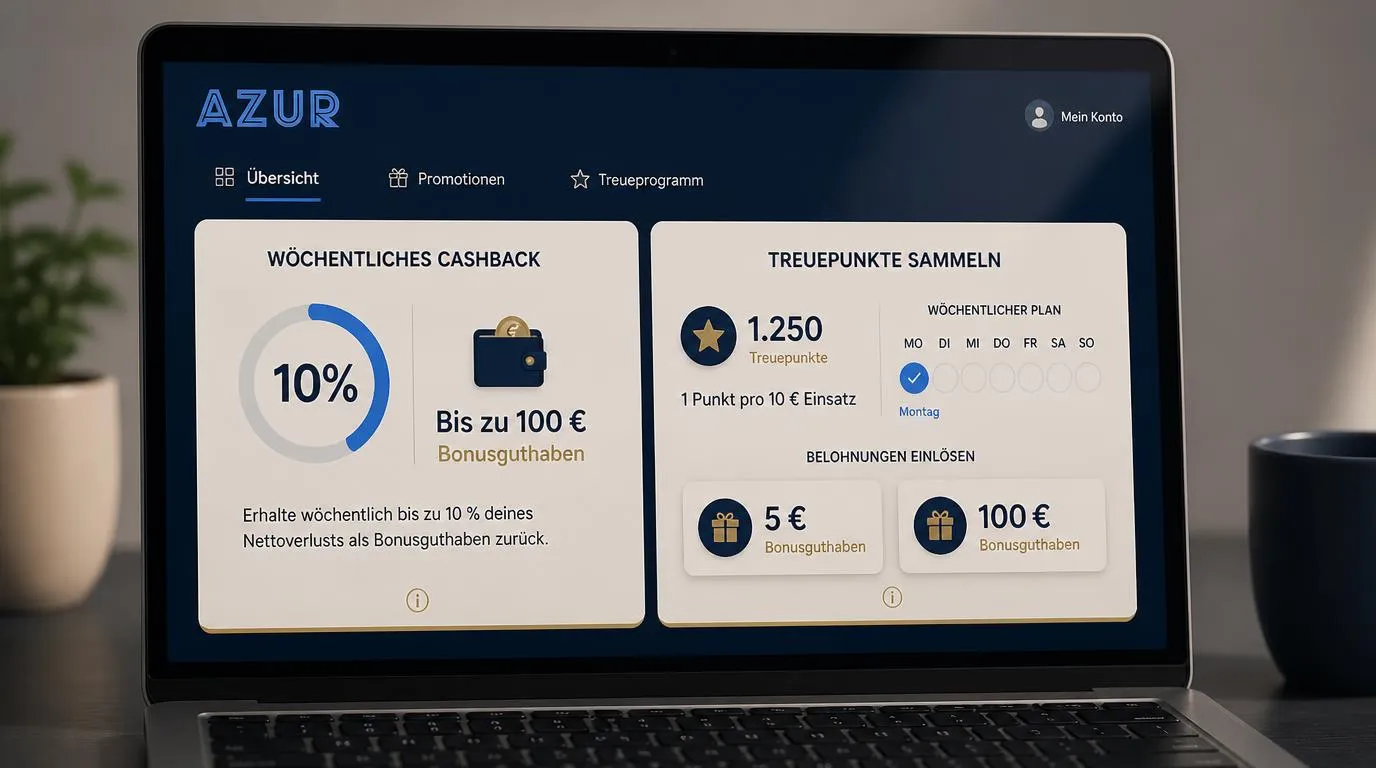 Bonusübersicht mit 10% wöchentlichem Cashback, Bonuspunkten und Montagsprämien von 5 € bis 100 €