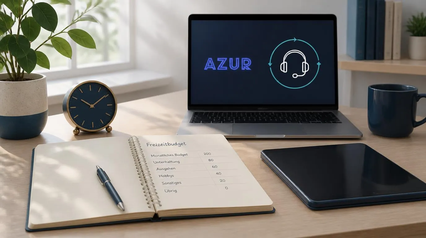 Schreibtisch mit Freizeitbudget, Uhr und Support-Symbol für verantwortungsvolles Spielen