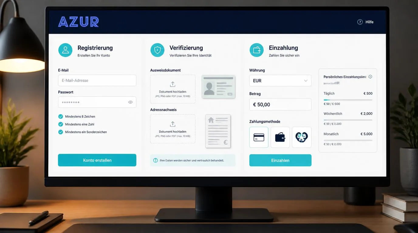 Casino-Kontobereich mit Registrierung, Dokumenten-Upload und Einzahlung in Euro