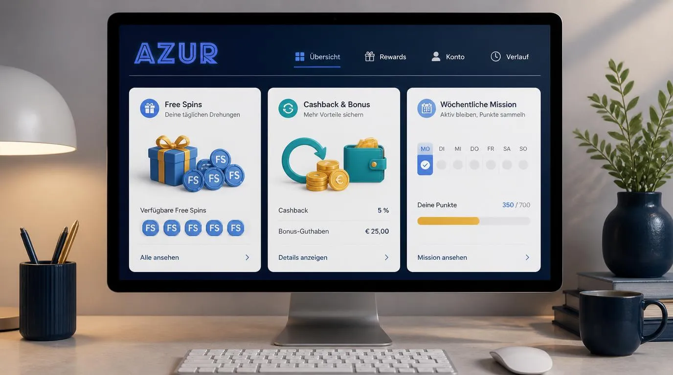 Drei übersichtliche Bonuskarten für Willkommensangebot, wöchentliches Cashback und Montagsprämien